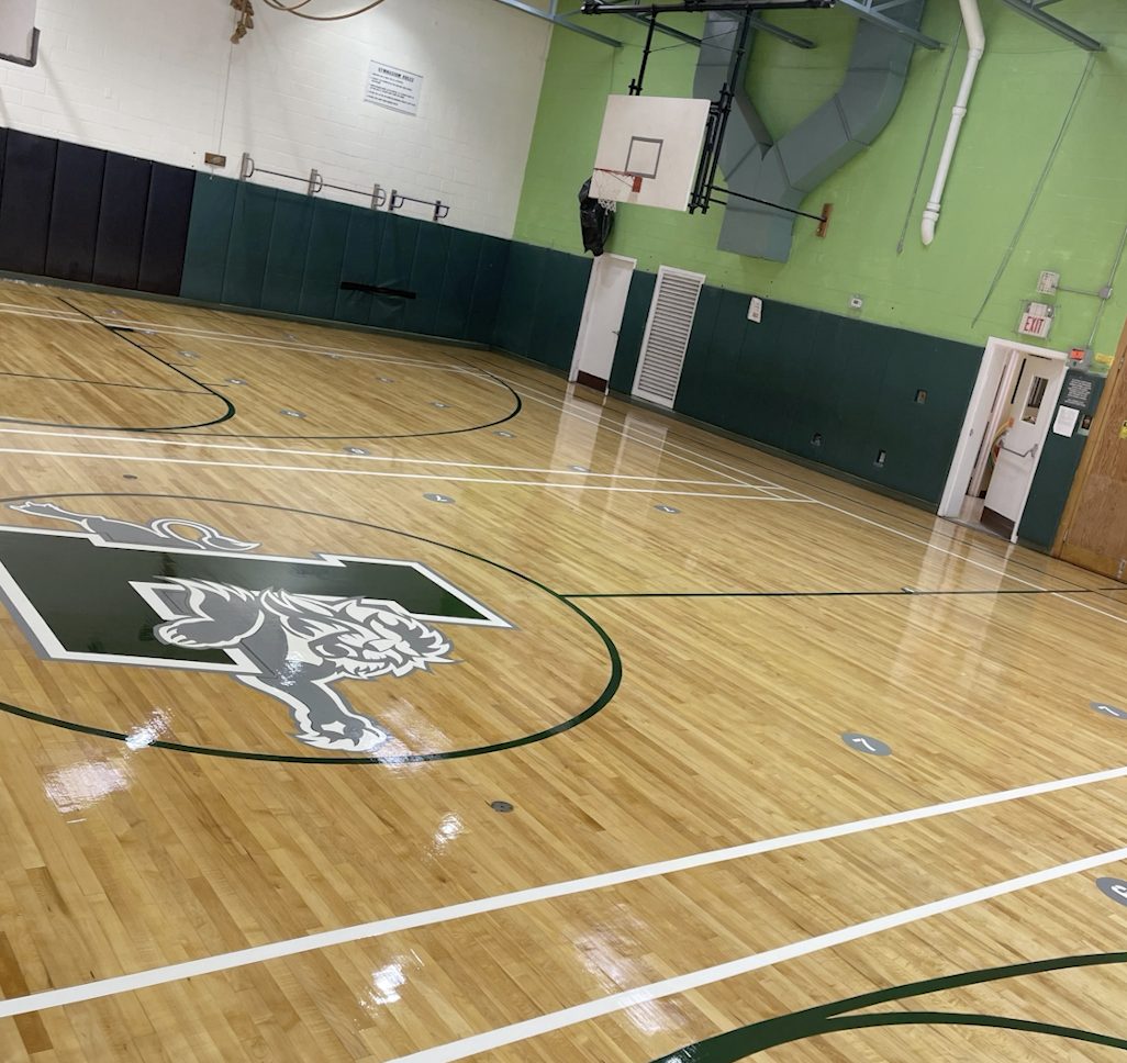The same gym floor after refinishing, glossy with a lion logo at center court