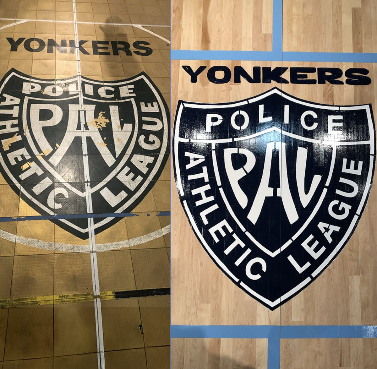Side by side: the old worn logo on tile and the new custom logo on hardwood